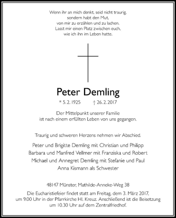 Anzeige von Peter Demling von Westfälische Nachrichten