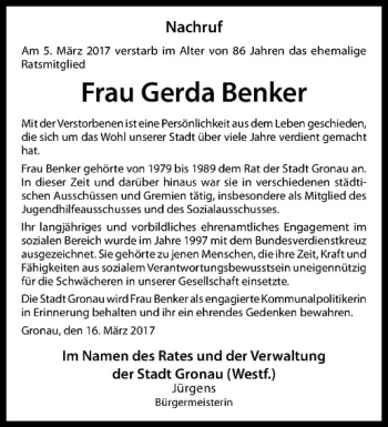 Anzeige von Gerda Benker von Westfälische Nachrichten