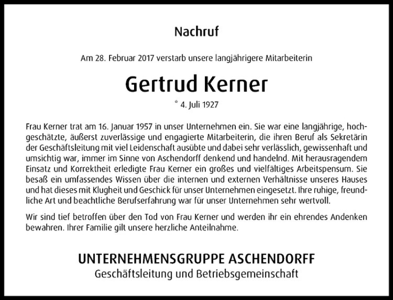  Traueranzeige für Gertrud Kerner vom 04.03.2017 aus Westfälische Nachrichten