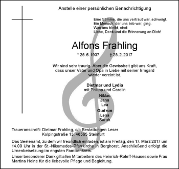 Anzeige von Alfons Frahling von Westfälische Nachrichten