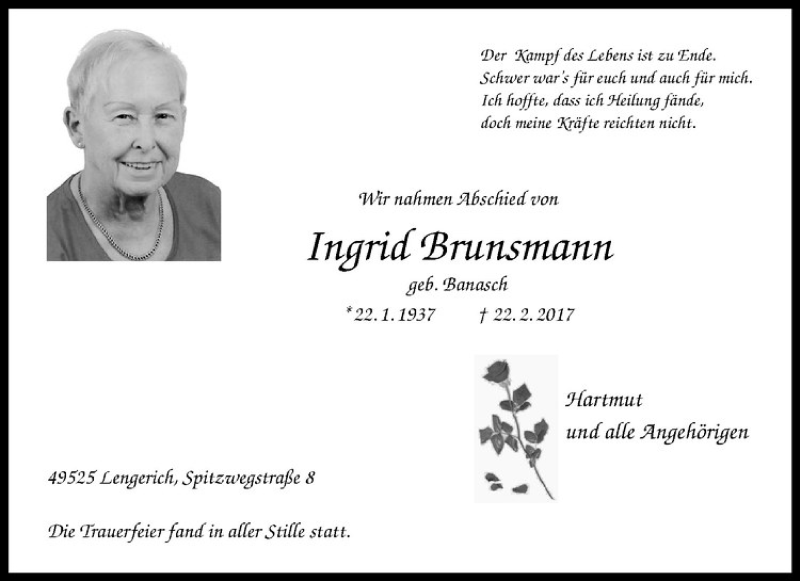  Traueranzeige für Ingrid Brunsmann vom 08.03.2017 aus Westfälische Nachrichten