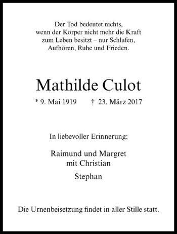 Anzeige von Mathilde Culot von Westfälische Nachrichten