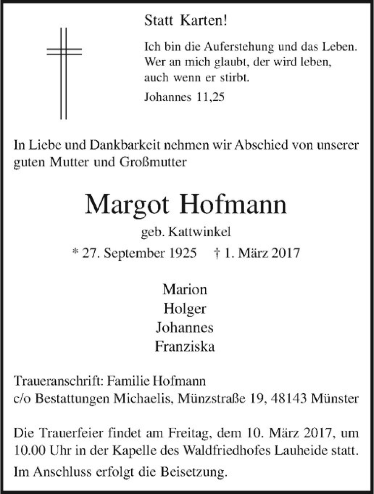 Traueranzeige für Margot Hofmann vom 04.03.2017 aus Westfälische Nachrichten