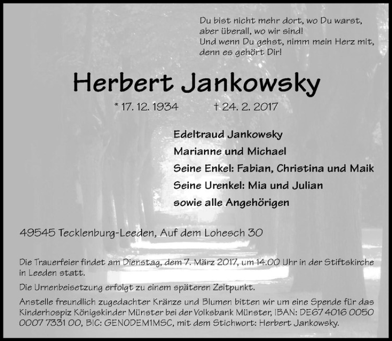  Traueranzeige für Herbert Jankowsky vom 04.03.2017 aus Westfälische Nachrichten