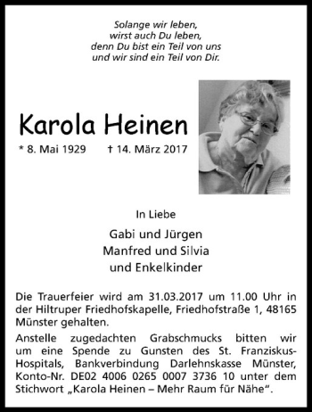 Anzeige von Karola Heinen von Westfälische Nachrichten