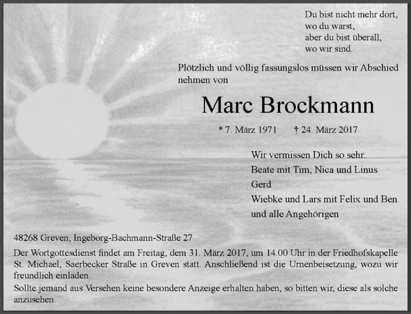  Traueranzeige für Marc Brockmann vom 29.03.2017 aus Westfälische Nachrichten