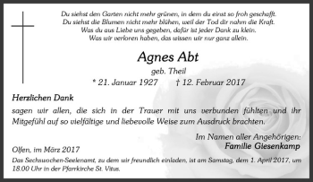 Anzeige von Agnes Abt von Westfälische Nachrichten