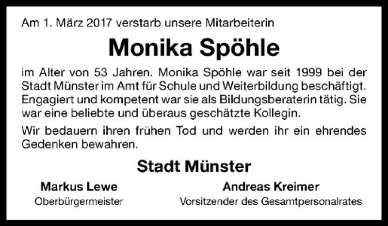  Traueranzeige für Monika Spöhle vom 11.03.2017 aus Westfälische Nachrichten