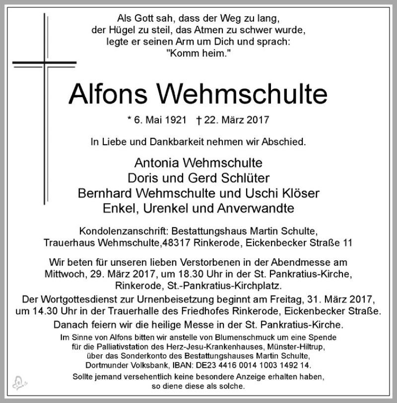  Traueranzeige für Alfons Wehmschulte vom 25.03.2017 aus Westfälische Nachrichten