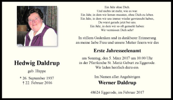 Anzeige von Hedwig Daldrup von Westfälische Nachrichten