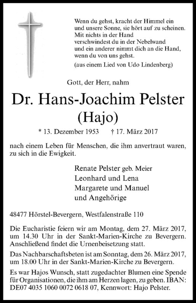  Traueranzeige für Hans-Joachim Pelster vom 21.03.2017 aus Westfälische Nachrichten