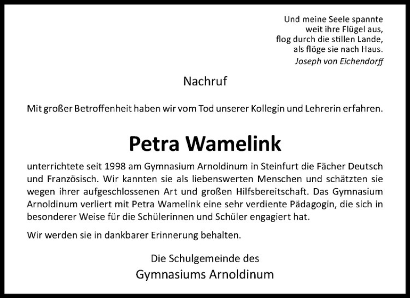  Traueranzeige für Petra Wamelink vom 11.03.2017 aus Westfälische Nachrichten