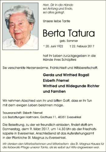 Anzeige von Berta Tatura von Westfälische Nachrichten