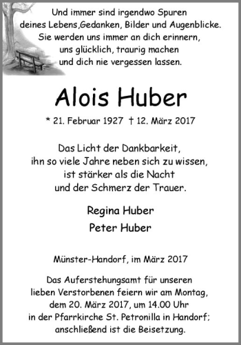 Anzeige von Alois Huber von Westfälische Nachrichten
