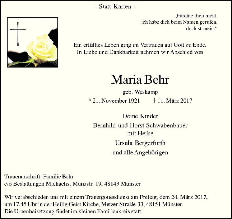  Traueranzeige für Maria Behr vom 18.03.2017 aus Westfälische Nachrichten