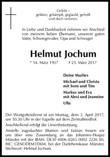 Anzeige von Helmut Jochum von Westfälische Nachrichten