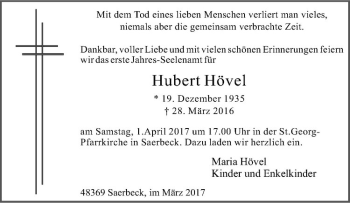 Anzeige von Hubert Hövel von Westfälische Nachrichten