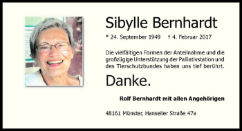Anzeige von Sibylle Bernhardt von Westfälische Nachrichten