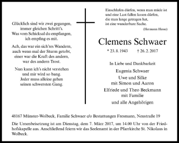 Anzeige von Clemens Schwaer von Westfälische Nachrichten