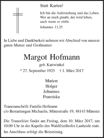 Anzeige von Margot Hofmann von Westfälische Nachrichten