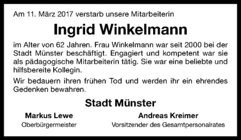  Traueranzeige für Ingrid Winkelmann vom 18.03.2017 aus Westfälische Nachrichten