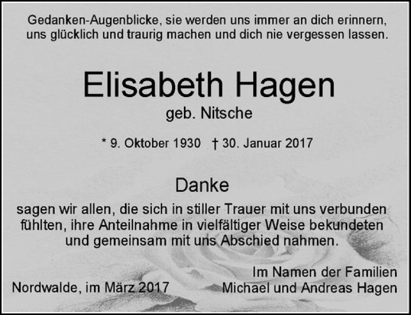  Traueranzeige für Elisabeth Hagen vom 18.03.2017 aus Westfälische Nachrichten