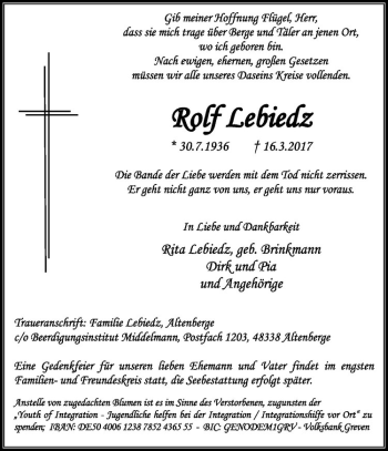 Anzeige von Rolf Lebiedz von Westfälische Nachrichten