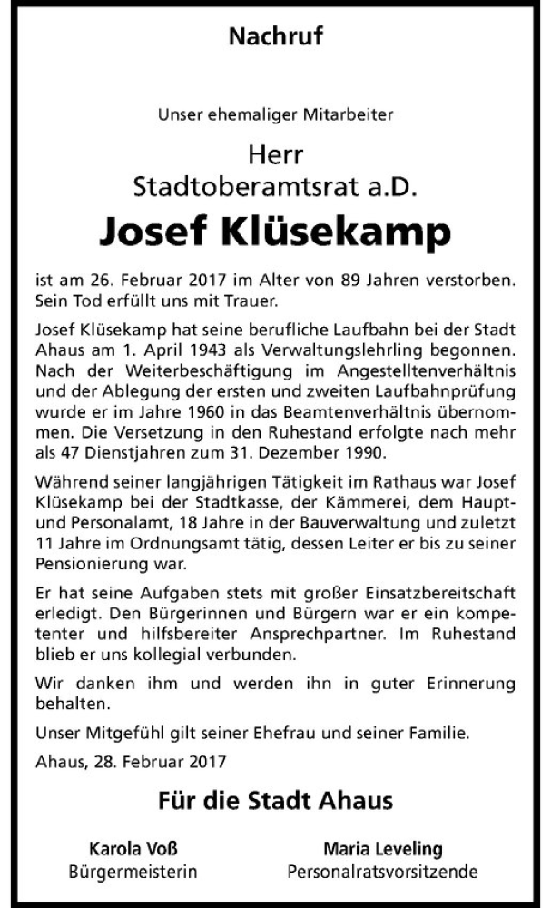 Traueranzeige für Josef Klüsekamp vom 02.03.2017 aus Westfälische Nachrichten
