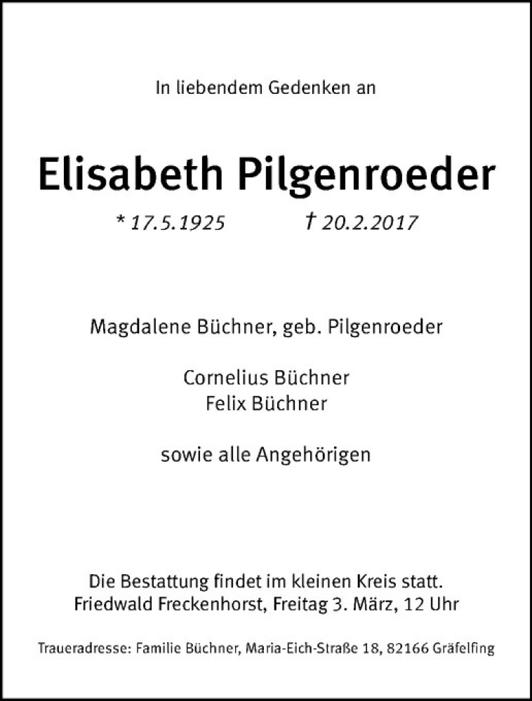  Traueranzeige für Elisabeth Pilgenroeder vom 01.03.2017 aus Westfälische Nachrichten