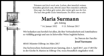 Anzeige von Maria Surmann von Westfälische Nachrichten