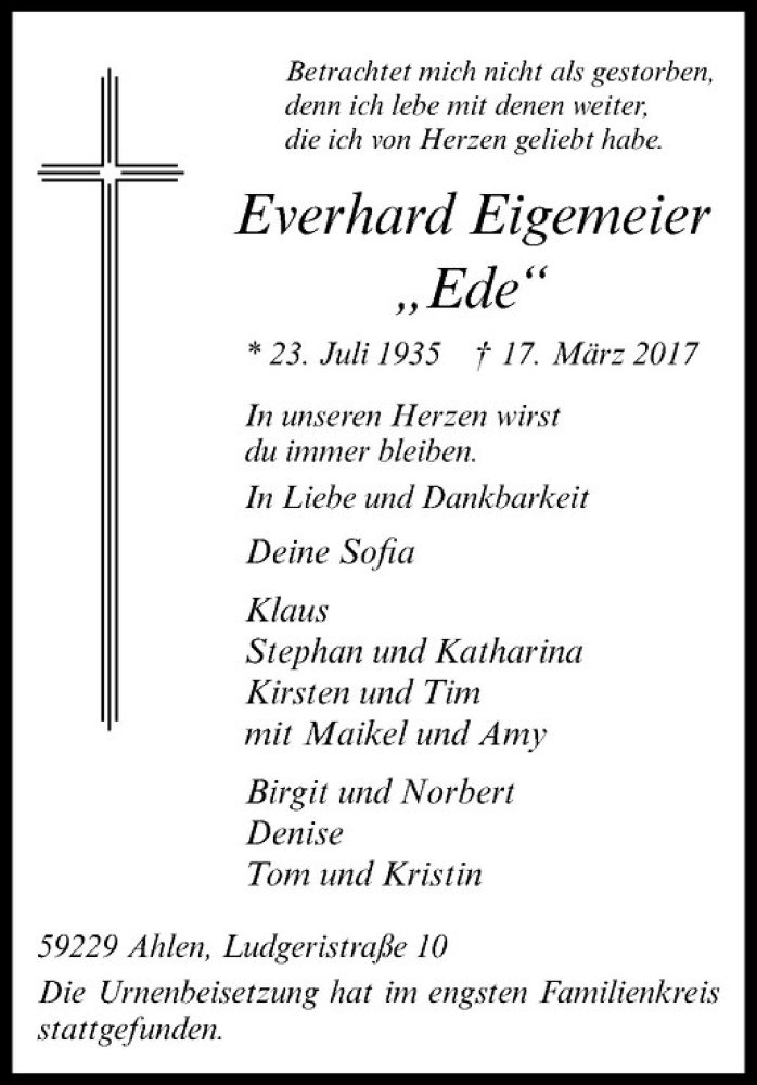  Traueranzeige für Everhard Eigemeier vom 25.03.2017 aus Westfälische Nachrichten