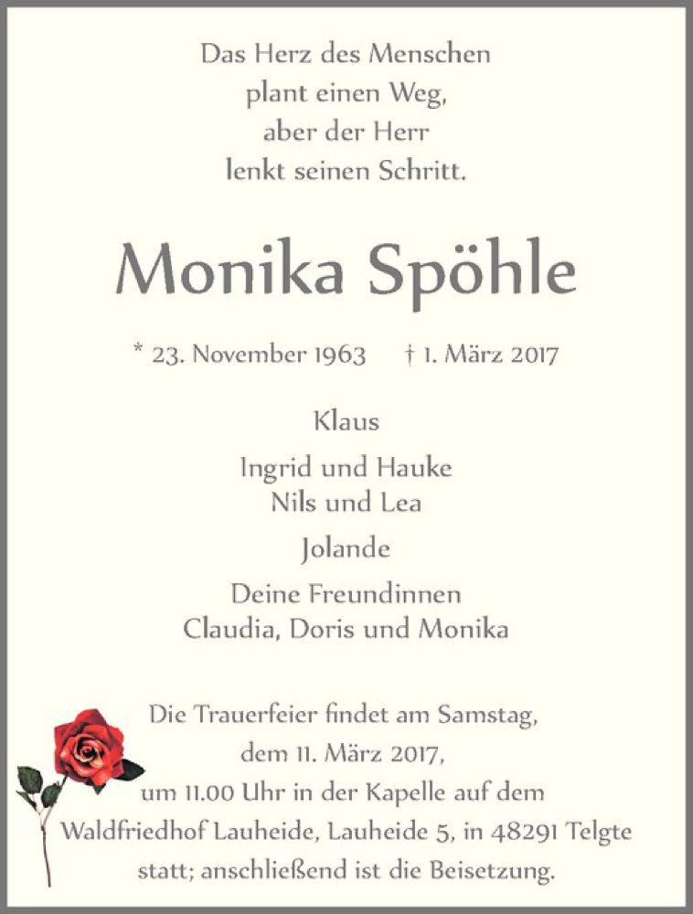  Traueranzeige für Monika Spöhle vom 08.03.2017 aus Westfälische Nachrichten
