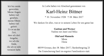 Anzeige von Karl-Heinz Bittner von Westfälische Nachrichten
