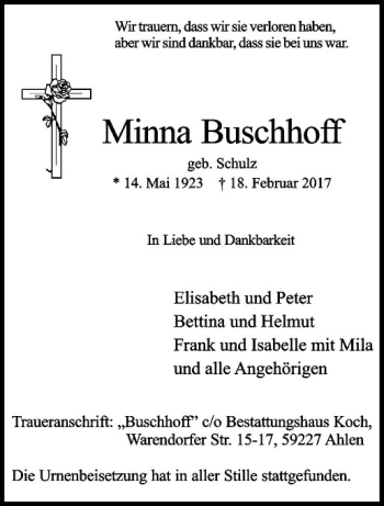 Anzeige von Minna Buschhoff von Westfälische Nachrichten