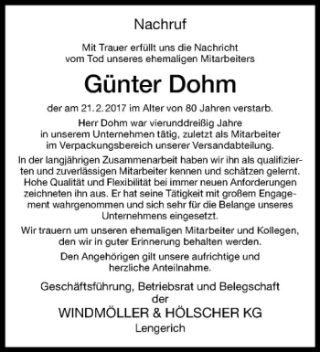 Anzeige von Günter Dohm von Westfälische Nachrichten