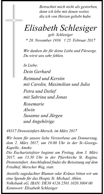 Anzeige von Elisabeth Schlesiger von Westfälische Nachrichten