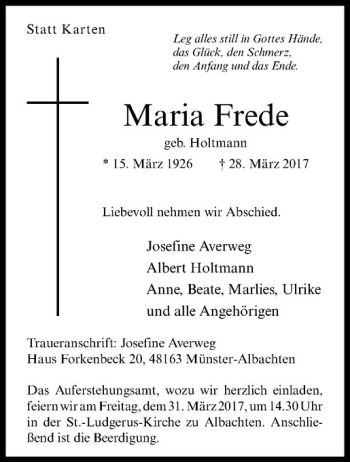 Anzeige von Maria Frede von Westfälische Nachrichten