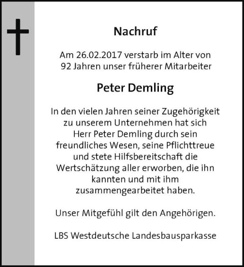  Traueranzeige für Peter Demling vom 08.03.2017 aus Westfälische Nachrichten