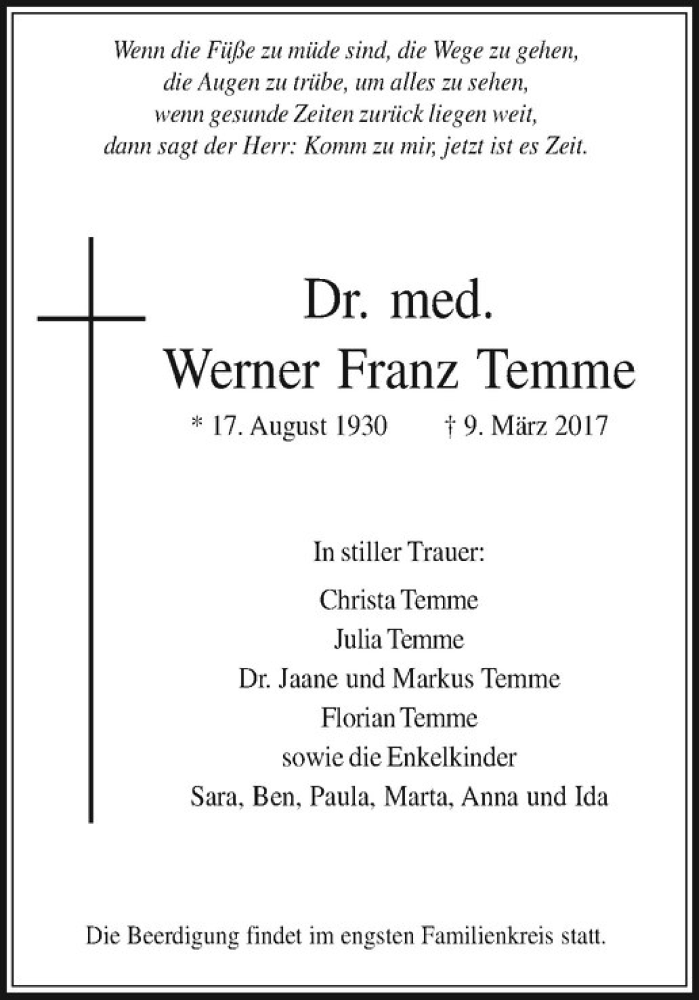 Traueranzeige für Werner Franz Temme vom 18.03.2017 aus Westfälische Nachrichten