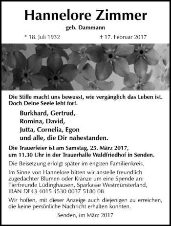 Anzeige von Hannelore Zimmer von Westfälische Nachrichten
