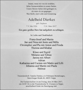 Anzeige von Adelheid Dierkes von Westfälische Nachrichten