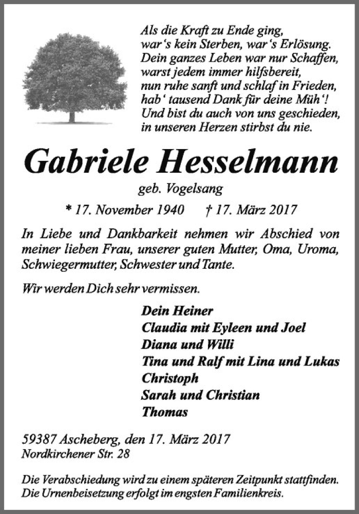  Traueranzeige für Gabriele Hesselmann vom 21.03.2017 aus Westfälische Nachrichten