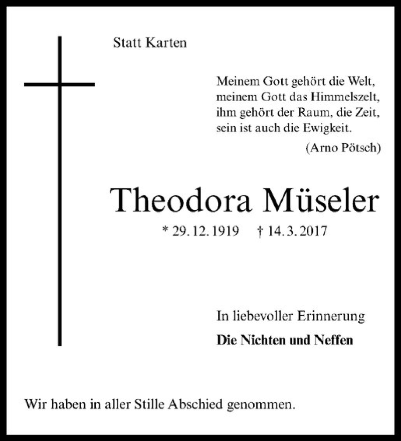  Traueranzeige für Theodora Müseler vom 18.03.2017 aus Westfälische Nachrichten