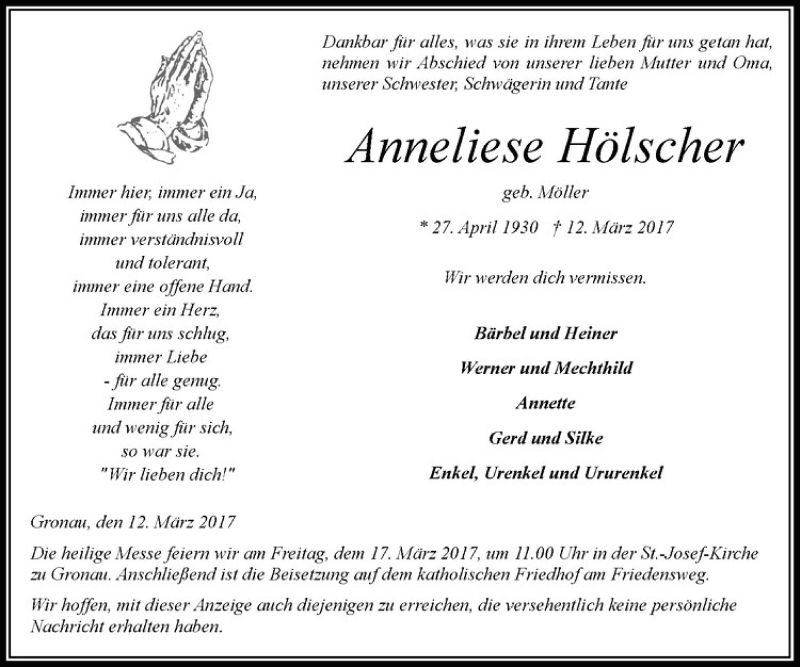  Traueranzeige für Anneliese Hölscher vom 15.03.2017 aus Westfälische Nachrichten