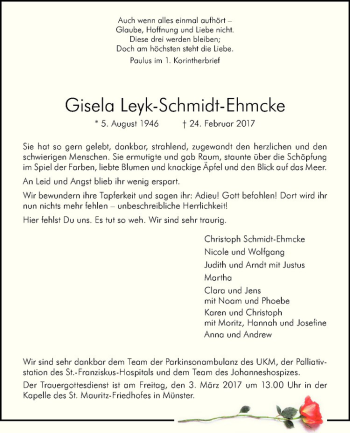 Anzeige von Gisela Leyk-Schmidt-Ehmcke von Westfälische Nachrichten