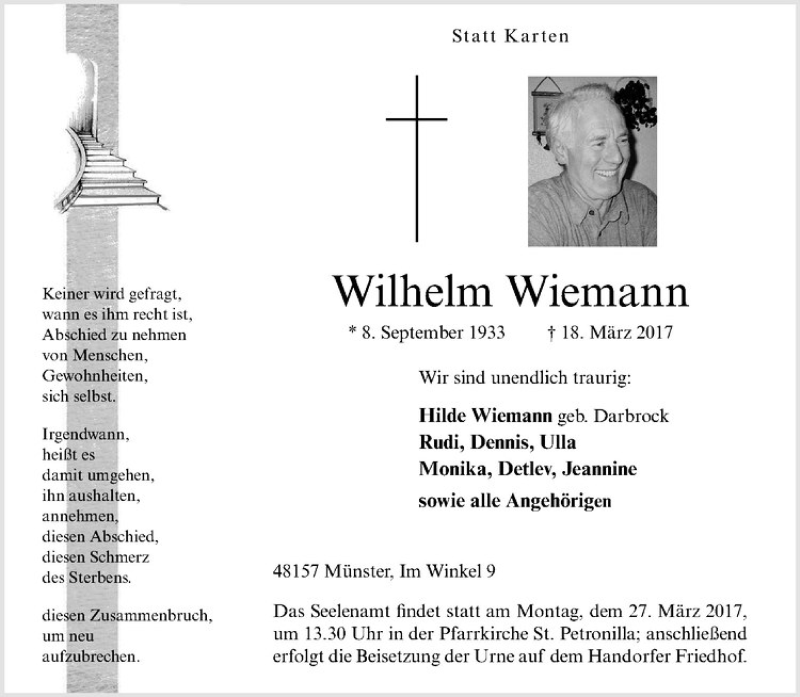  Traueranzeige für Wilhelm Wiemann vom 22.03.2017 aus Westfälische Nachrichten