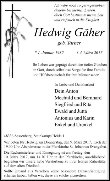 Anzeige von Hedwig Gäher von Westfälische Nachrichten