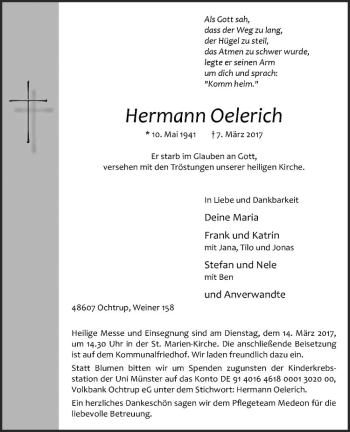 Anzeige von Hermann Oelerich von Westfälische Nachrichten