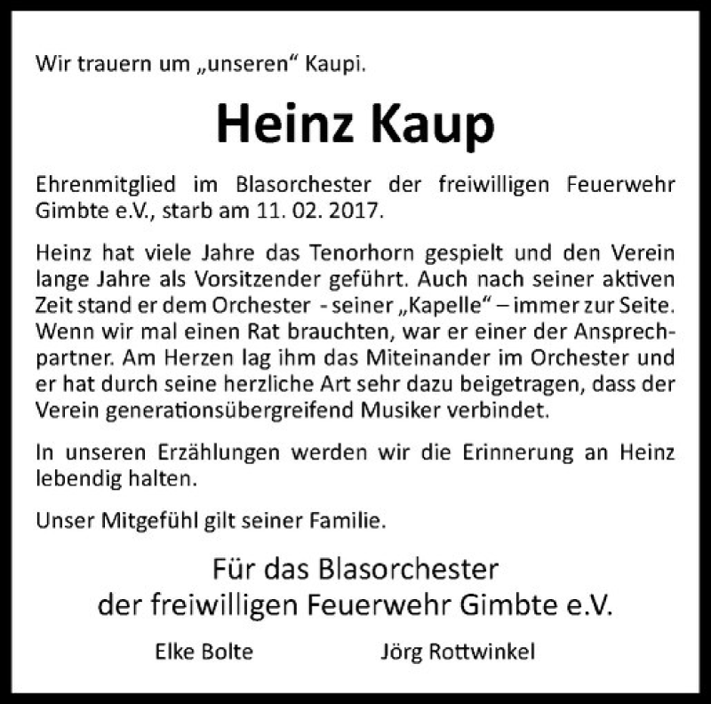  Traueranzeige für Heinz Kaup vom 04.03.2017 aus Westfälische Nachrichten