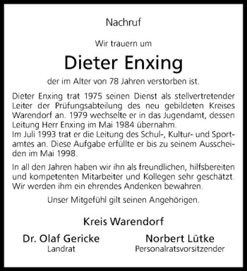 Anzeige von Dieter Enxing von Westfälische Nachrichten
